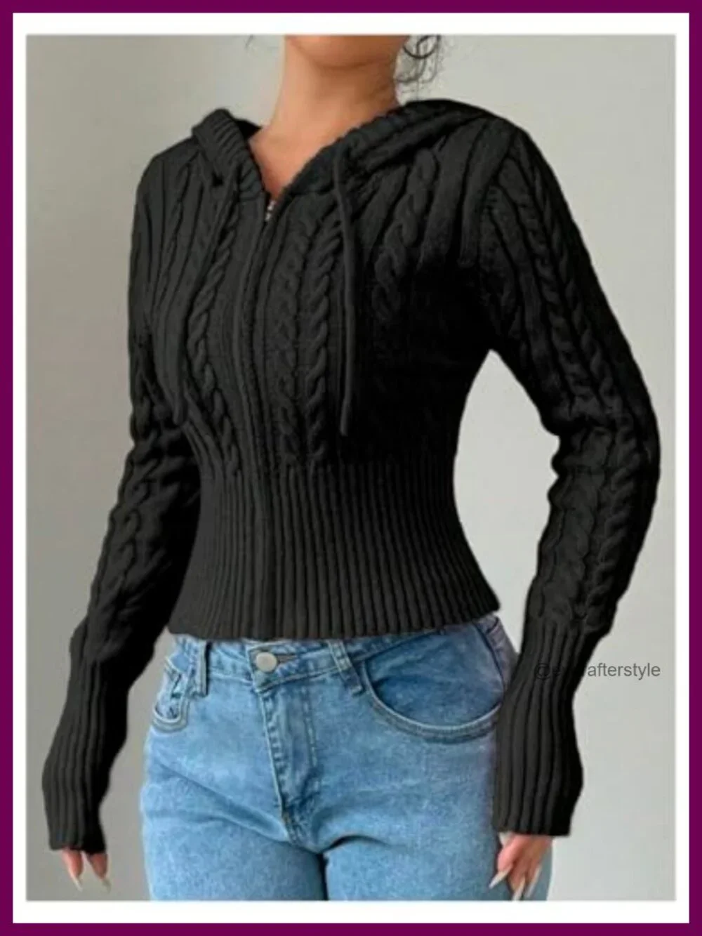 Cropped Cable Knit Cardigan with Drawstring Hood Long Sleeve Zip Up